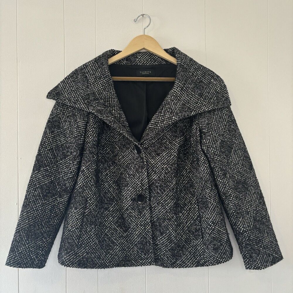 Talbots Black/White Shimmer Tweed Tartan Herringbone Wool Pea Coat 14 W Petite